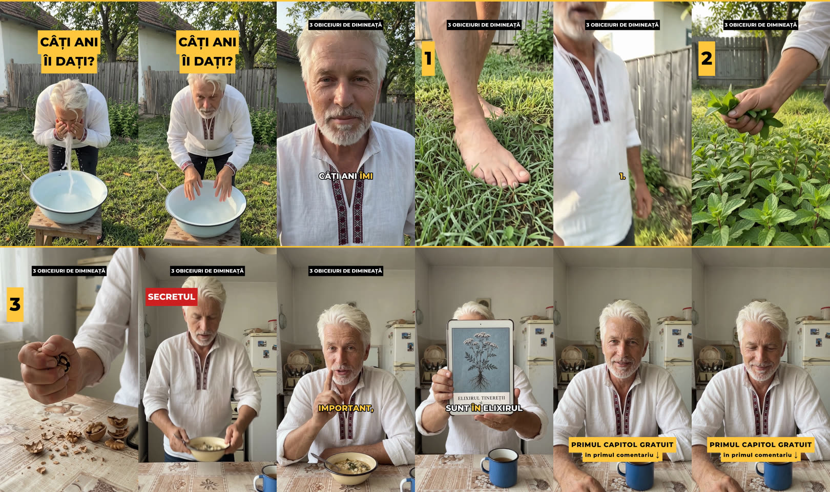 12 cadre din videoul final: textul CÂȚI ANI ÎI DAȚI, insignele 1 2 3, SECRETUL, subtitrări, bannerul PRIMUL CAPITOL GRATUIT